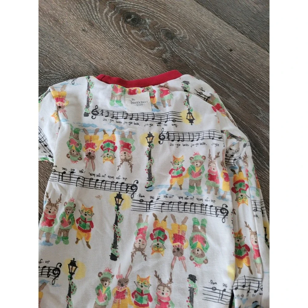 Burts Bees Kids 4T Organic Cotton Christmas Carol Animal Pajama Set White Red #2